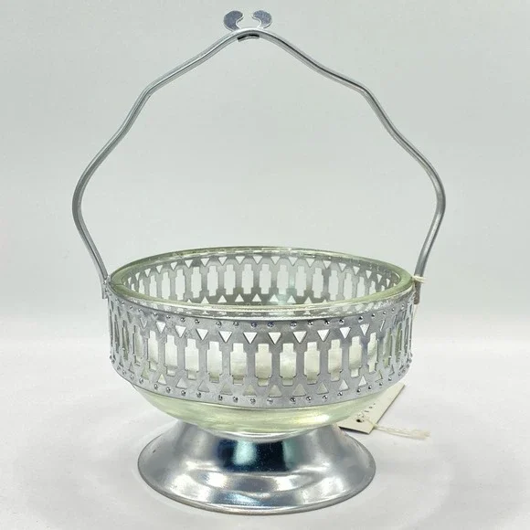 Trillium Vintage MCM Glass Nut Candy Dish Silver Tone Metal Basket OS Silver - Picture 4 of 10